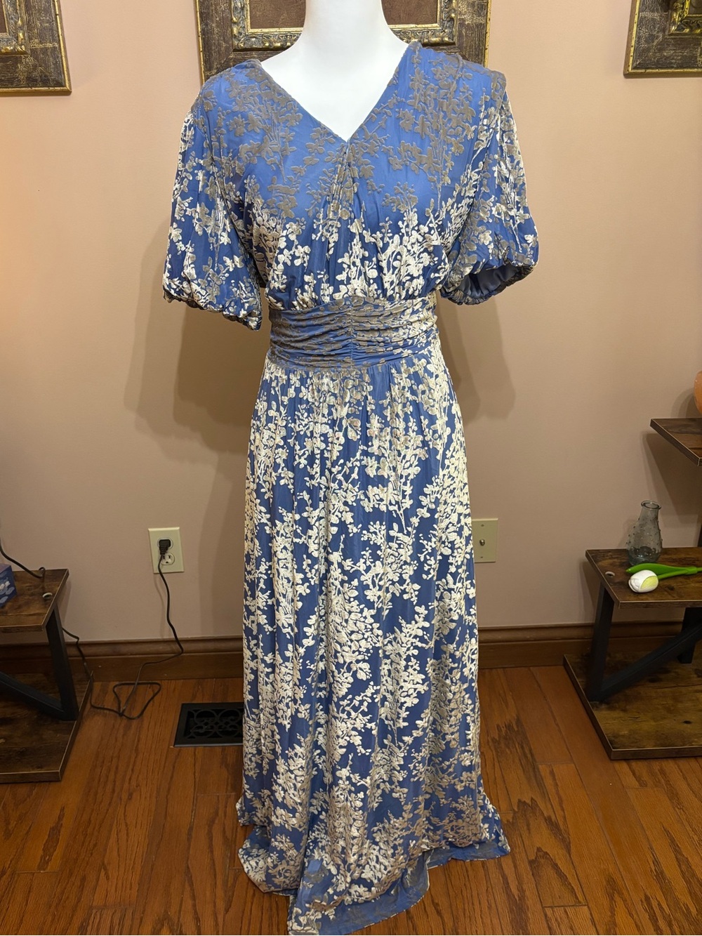 Baltic Born Blue and Cream Floral Puff Sleeve Maxi Dress